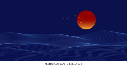 Light blue lines on dark blue background evoking wavy sea level and red sun with group of flying birds - vector illustration