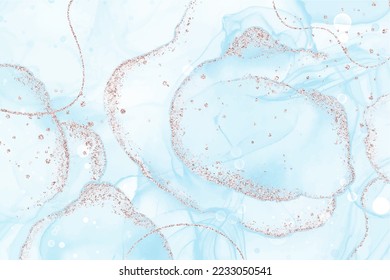 Light blue liquid watercolor background with rose gold lines and spatter. Baby blue marble alcohol ink painting effect.Vector illustration for birthday or wedding invitation, menu flyer and rsvp card.