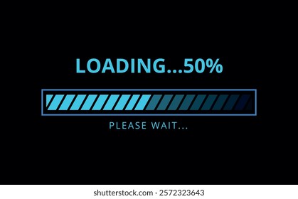 Light blue loading bar on dark blue background for websites and graphic resources. 50% loaded bar illustration.
