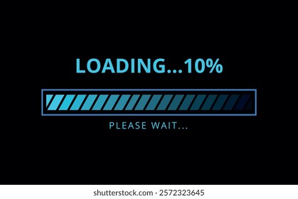 Light blue loading bar on dark blue background for websites and graphic resources. 10% loaded bar illustration.