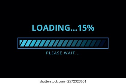 Light blue loading bar on dark blue background for websites and graphic resources. 15% loaded bar illustration.