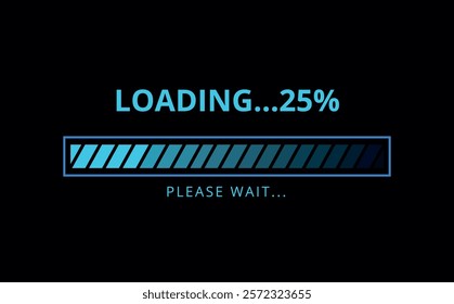Light blue loading bar on dark blue background for websites and graphic resources. 25% loaded bar illustration.