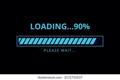 Light blue loading bar on dark blue background for websites and graphic resources. 90% loaded bar illustration.