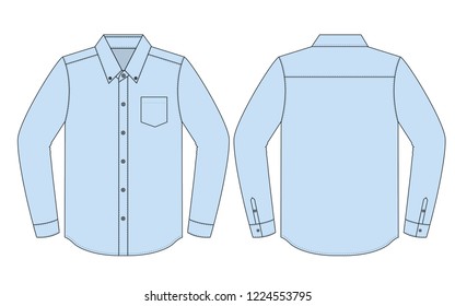 Light Blue Long Sleeve Dress Shirt With One Pocket Template On White Background.Front and Back View, Vector File