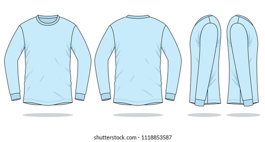 Light Blue Long Sleeve T-shirt Vector.Front, Back And Side View.