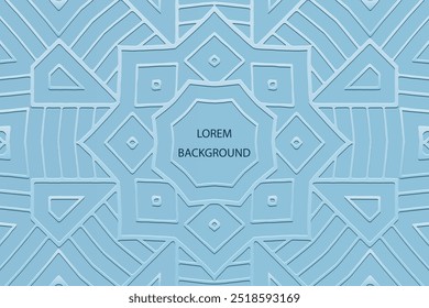 Fundo lorem azul claro, design de capa tribal, banner. Padrão 3D geométrico, em relevo. Ornamentos étnicos, arabescos, mandala do Oriente, Ásia, Índia, México, Asteca, Peru em estilo artesanal.