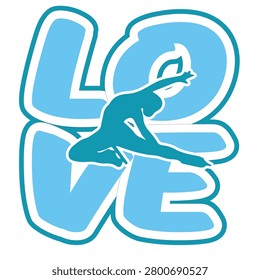 Light blue LOVE ice skating art with graceful female skater silhouette and bold lettering. A fresh elegant design for apparel, sublimation, cricut projects and skating merchandise.