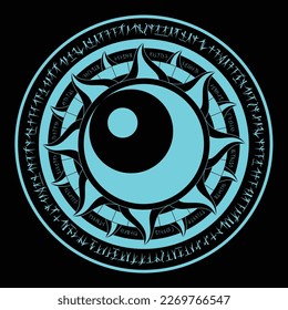 Light blue magic circle incantation with fantasy alphabets scripts (named Fotonth) and symbol of star moon and double sun.