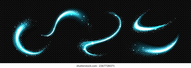 Light blue magic energy swirls isolated on transparent background. Vector realistic illustration of fresh wind vortex, abstract neon curves with bright shining particles, speed effect, cool air flow