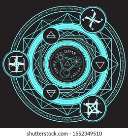 light blue magic incantation circle with fantasy alphabets spell (named Fotonth) contain four elemental alchemist symbol (earth water wind fire) and sign of sun moon and star on black background