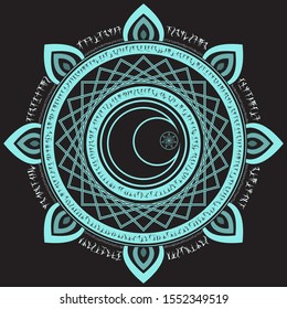 light blue magic incantation circle with fantasy alphabets spell (named Fotonth) with moon and star in center on black background