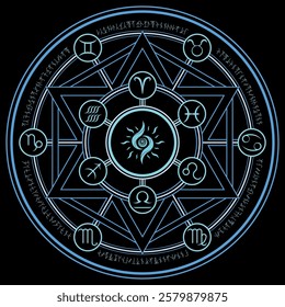 light blue magic incantation circle with fantasy alphabets spell (named Fotonth) contain twelve sign of zodiac