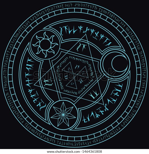 light blue magic incantation circle with
fantasy alphabets spell (named Fotonth) and symbol of sun moon star
on black background