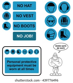 Light blue mandatory construction manufacturing and engineering health and safety sign and icon collection isolated on white background