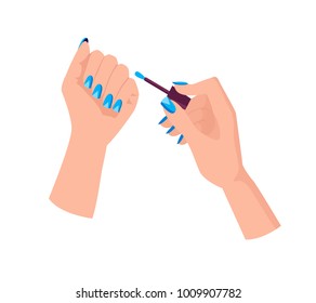 Light blue manicure with triangles on female hands that hold brush from nail polish isolated cartoon flat vector illustrations on white background.