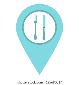 Light blue map pointer with restaurant sign icon flat isolated on white background vector illustration
