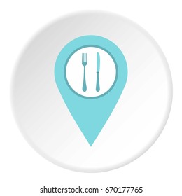 Light blue map pointer with restaurant sign icon in flat circle isolated vector illustration for web