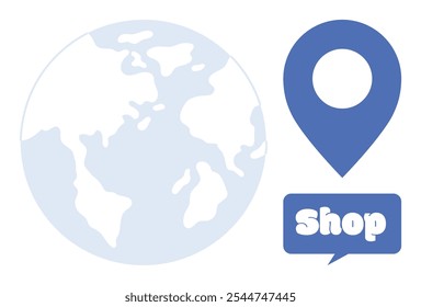 A light blue map of the world next to a blue map pin with a shop sign. Ideal for online shopping, global delivery, e-commerce, retail locations, and worldwide trade. Simple vector style