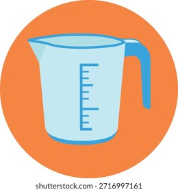 Copo de medição azul claro com alça azul e marcações no fundo laranja círculo utensílios de cozinha
