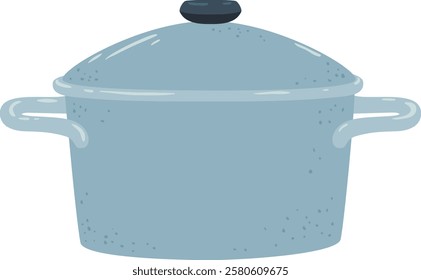 Light blue metal cooking pot with two handles and dark round handle on lid, isolated on white background, kitchen utensil for cooking soups, sauces and stews