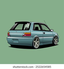 A light blue, minimalist hatchback car with detailed shading