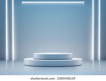 light blue minimalist scene featuring 3d two tiered white cylindrical podium, framed by glowing neon lights, modern technology concepts, product displays, and mockups in a clean showroom