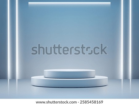 light blue minimalist scene featuring 3d two tiered white cylindrical podium, framed by glowing neon lights, modern technology concepts, product displays, and mockups in a clean showroom