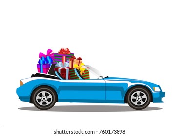 Light blue modern cartoon cabriolet car full of gift boxes isolated on white background. Sport car. Vector illustration. Clip art. 