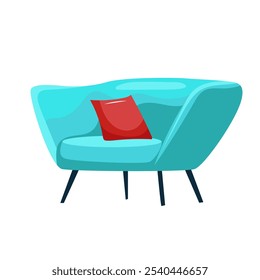 Sofá moderno azul claro en diseño plano. Sillón elegante en las piernas con almohada. Ilustración vectorial aislada.