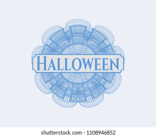  Light blue money style emblem or rosette with text Halloween inside