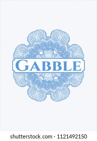Light blue money style emblem or rosette with text Gabble inside