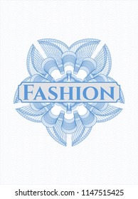 Light blue money style emblem or rosette with text Fashion inside