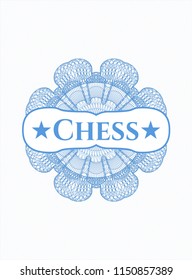 Light blue money style emblem or rosette with text Chess inside