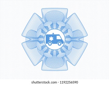 Light Blue Money Style Emblem Or Rosette With Ambulance Icon Inside