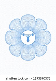 Light blue money style emblem or rosette with weightlifter girl icon inside