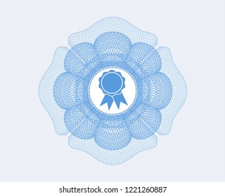 Light blue money style emblem or rosette with ribbon icon inside
