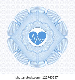 Light blue money style emblem or rosette with heart with electrocardiogram icon inside
