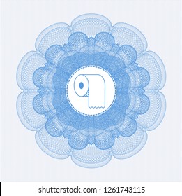 Light blue money style emblem or rosette with toilet paper icon inside