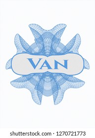 Light blue money style emblem or rosette with text Van inside