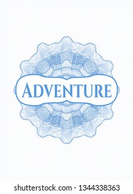 Light blue money style emblem or rosette with text Adventure inside