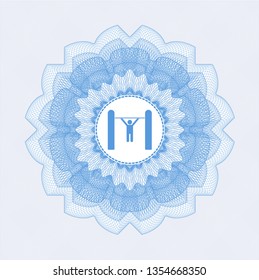 Light blue money style emblem or rosette with pull up icon inside