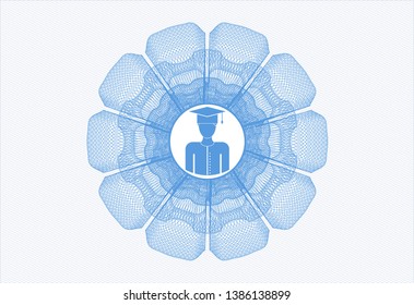 Light blue money style emblem or rosette with graduated icon inside