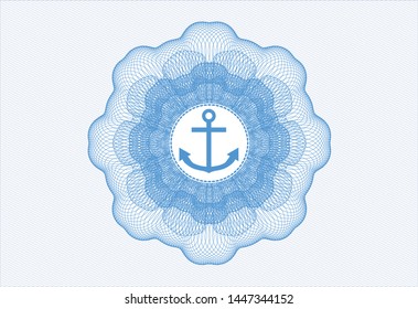 Light blue money style emblem or rosette with anchor icon inside