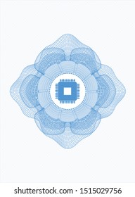 Light blue money style emblem or rosette with microchip, microprocessor icon inside