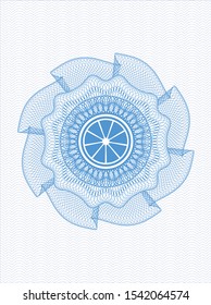 Light blue money style emblem or rosette with orange icon inside