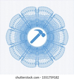 Light blue money style emblem or rosette with hammer icon inside