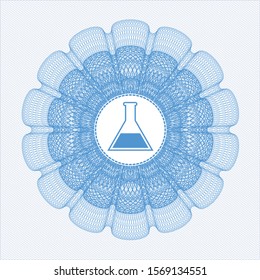 Light blue money style emblem or rosette with test tube icon inside