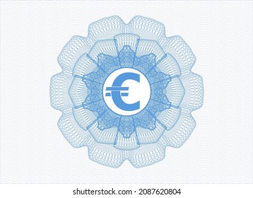 Light blue money style emblem or rosette. with euro icon inside