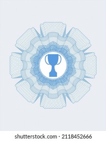 Light blue money style emblem or rosette. with trophy icon inside