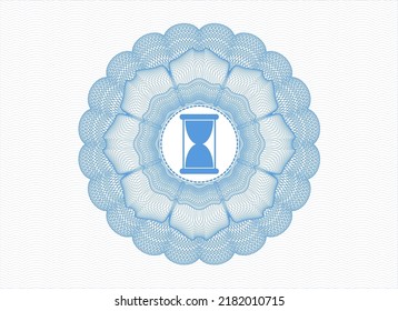 Light blue money style emblem or rosette. with hourglass icon inside